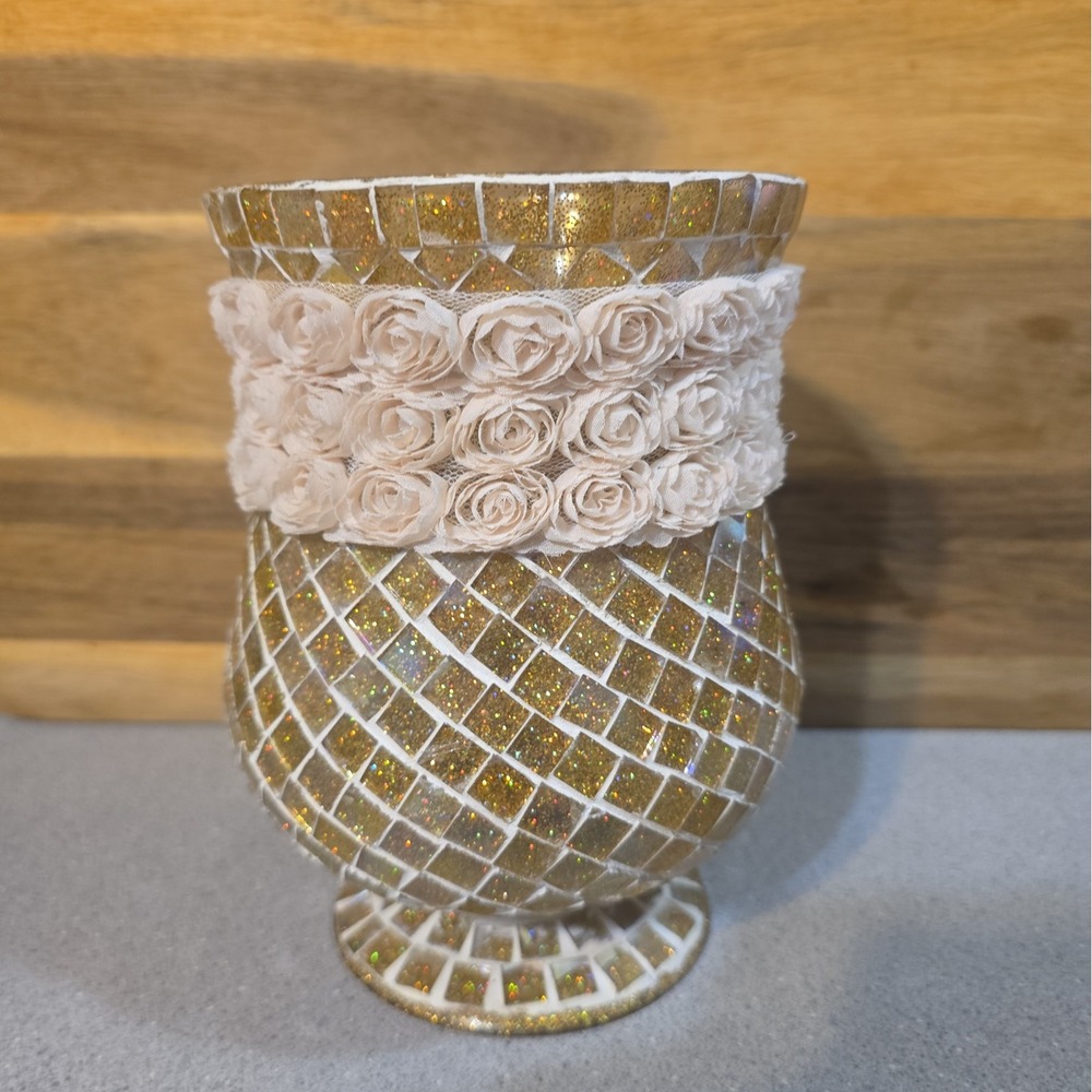 Amber Yellow Tan 5" X 7" Mosaic Planter, Vase, Candle Holder Wedding Decoration